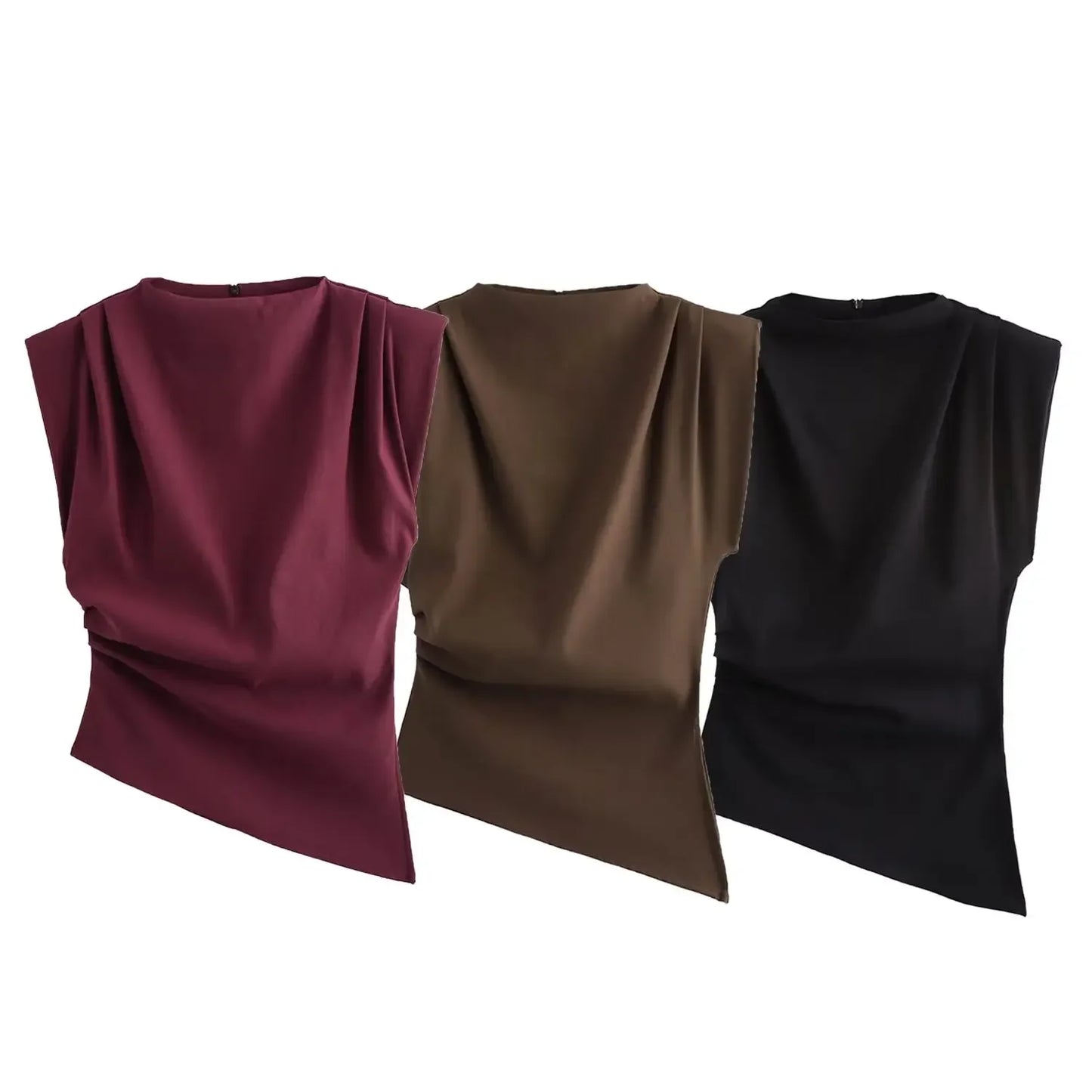 Women's new fashion pleated shoulder pad decoration slim asymmetrical top retro sleeveless back zipper women's shirt chic top