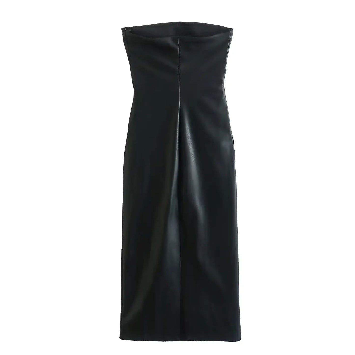 Women's new fashion pleated decoration black slim faux leather strapless MIDI dress retro sleeveless backless women's dress