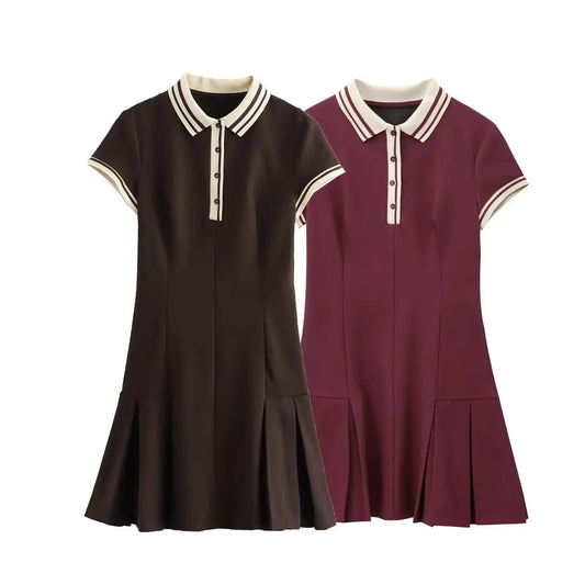 Women's 2024 New Fashion Color Contrast Splicing Ribbed Wide pleated Mini Dress Retro Short Sleeve Button up Women's Dress Mujer