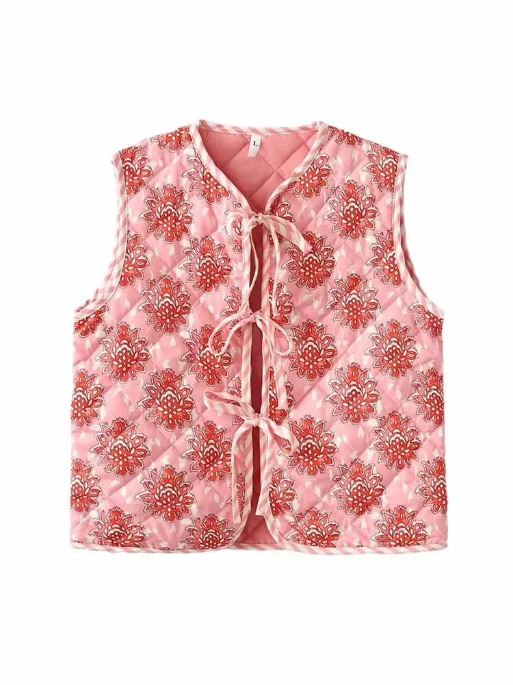 Women's new fashion flower pattern decoration casual versatile cotton vest retro sleeveless lace up women's vest chic top 