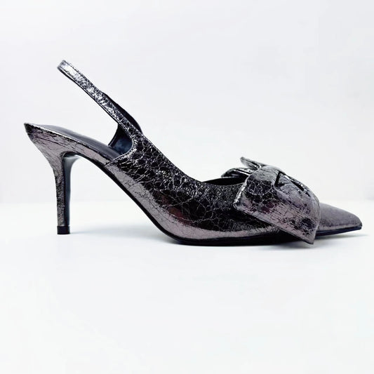 The New 2024 Women's Shoes With Stiletto Shoes With Lead-gray Bow and Metal High-heeled Fashion Sandals.