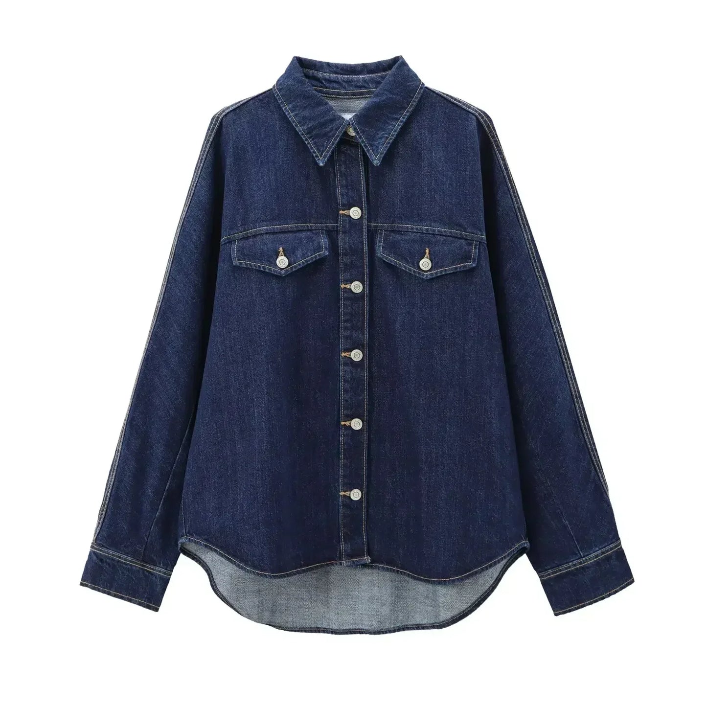 Women's 2024 new fashion flip decoration loose Lapel casual denim shirt coat retro long sleeved button up women's coat top 