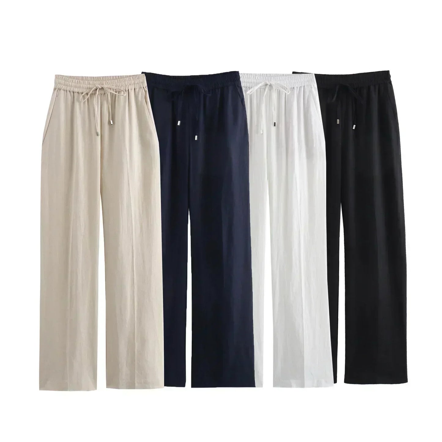 Women's New Fashion Loose Side Pocket Linen Blended Straight Leg Casual Pants Retro Elastic Waist Drawstring Women's Pants