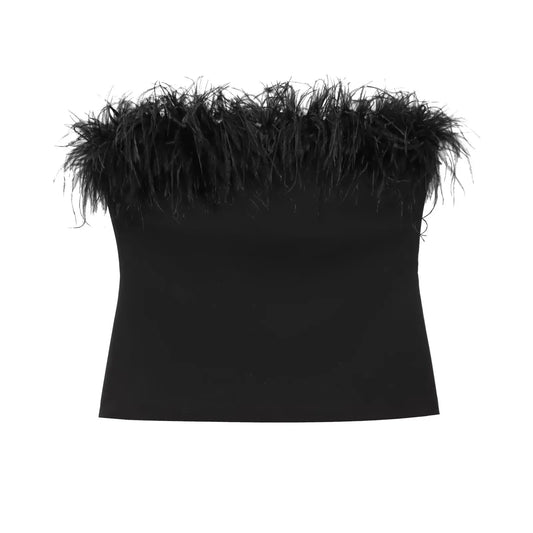 Women's new fashion feather decoration short backless slim strapless top retro sleeveless Side zipper women's pullover chic top