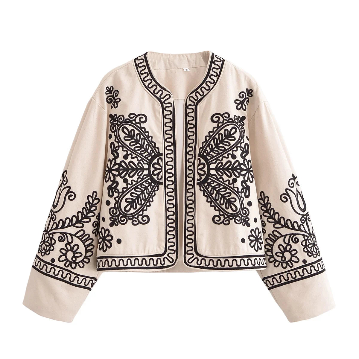 Women's new Fashion embroidery decoration casual short Open O-Neck jacket Coat retro long sleeved pocket women's Coat chic top