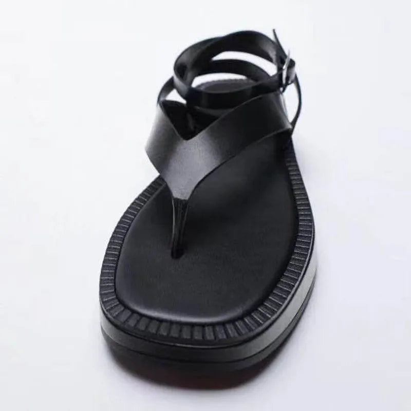 22 New women's shoes black strappy flat sandals summer thong thick sole sandals for women