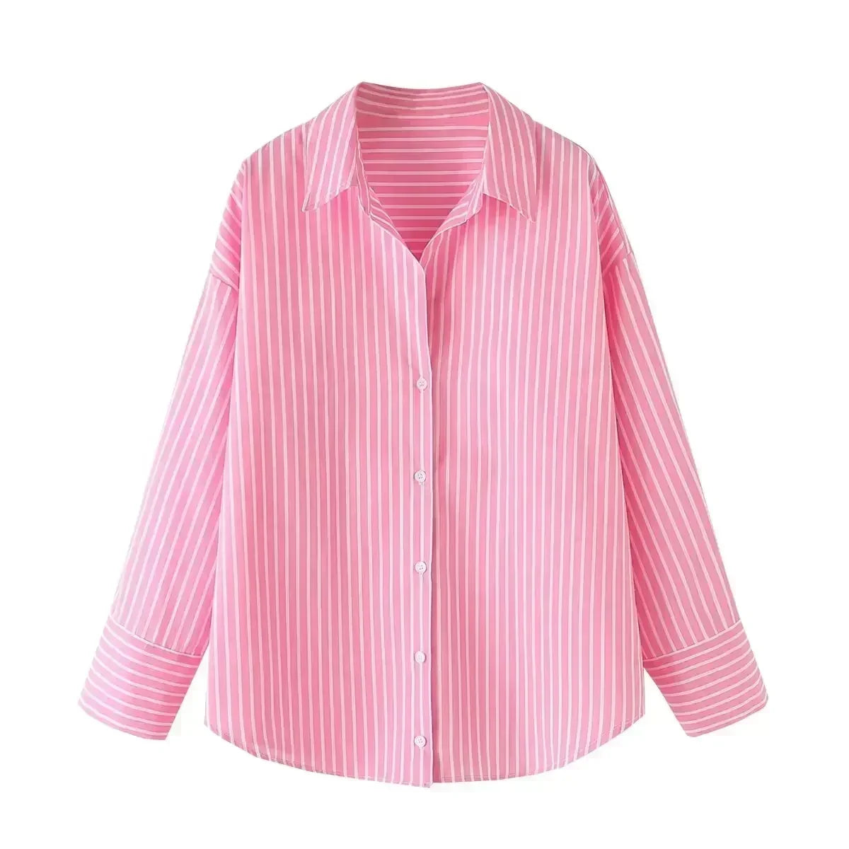 Women's 2024 New Fashion Loose Basic Style Cotton Striped Poplin Shirt Retro Long sleeved Button up Women's Shirt Top