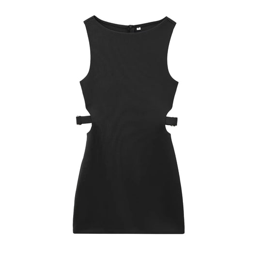 Women's new Chic fashion opening design slim versatile O-Neck mini dress retro sleeveless back zipper women's dress Mujer