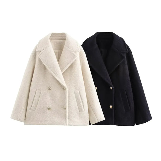 Women's new fashion loose double breasted warm lapel woolen jacket coat retro long sleeved side pocket women's coat chic top