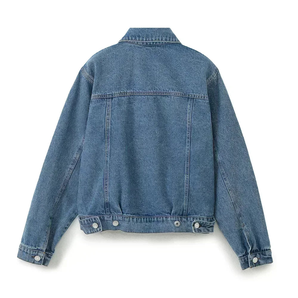 Women's new Fashion pocket decoration short casual versatile denim jacket coat retro long sleeved buttoned women's coat