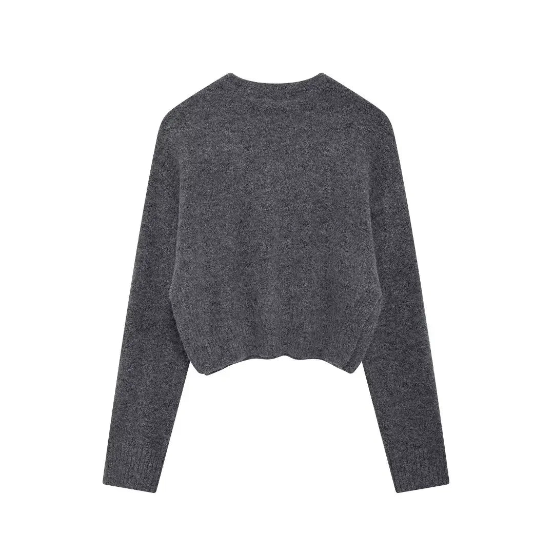 Women's new fashion side Split design casual short soft texture knitted sweater retro Long sleeved women's pullover chic top