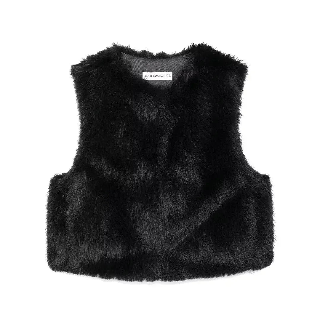 Women's new fashion faux fur effect casual short side pocket O-Neck vest retro sleeveless button up women's vest chic top 