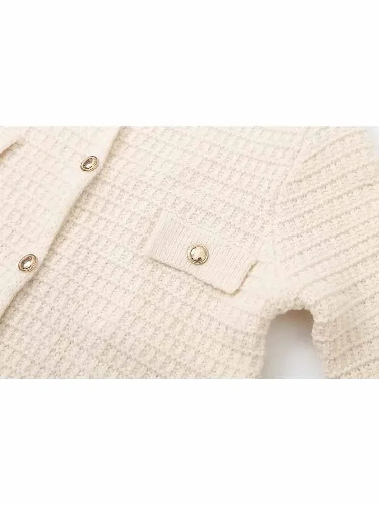 Women's new fashion gold button flip decoration casual short Grid lapel knitted coat retro long sleeved women's coat chic top 