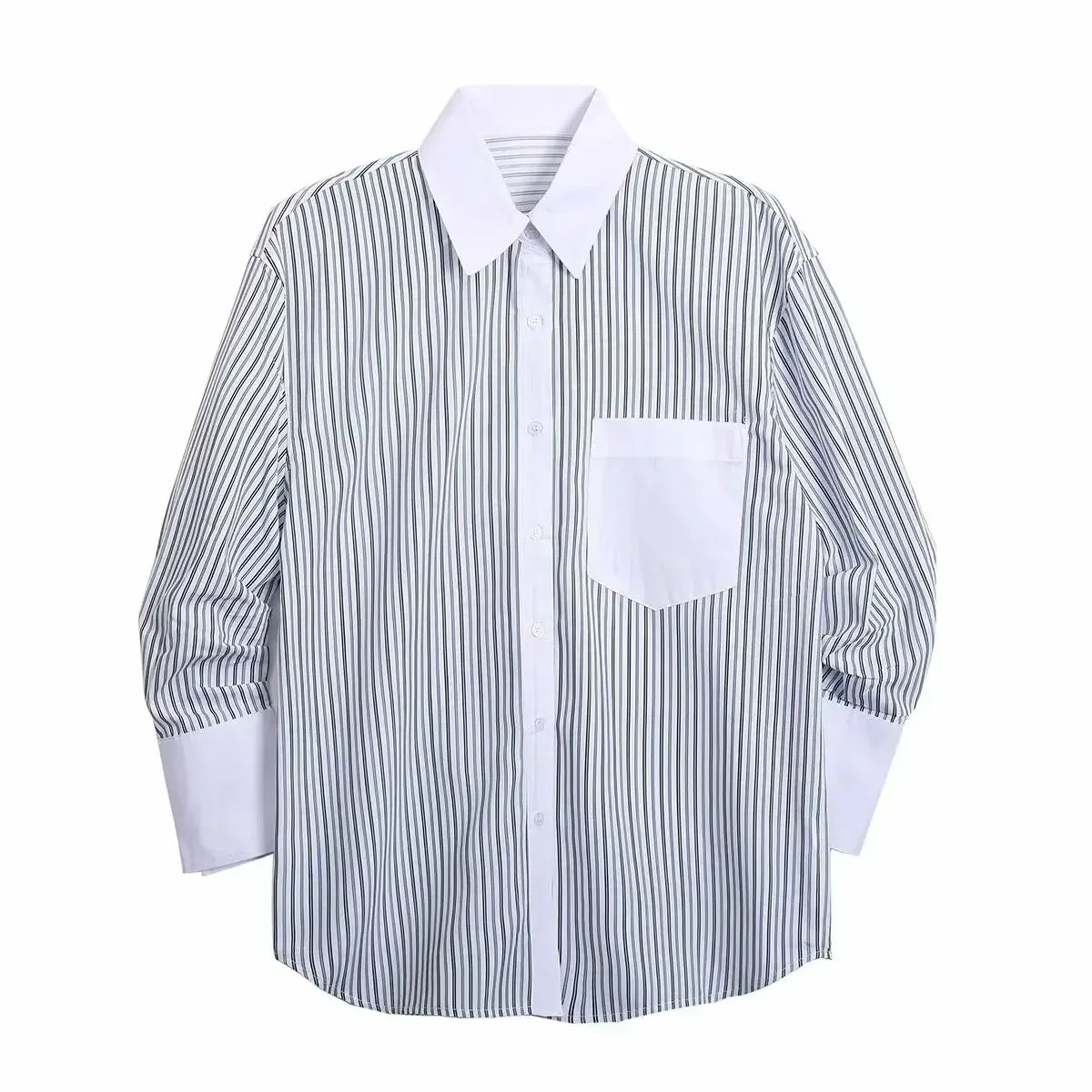 Women's new fashion pocket decoration loose striped poplin lapel shirt retro long sleeved button up women's shirt chic top