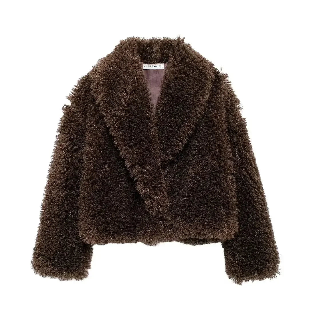 Women's Winter New Fashion Artificial Fur Effect Short Thick Warm Lapel Fleece Coat Retro Long Sleeve Women's Coat Chic Top