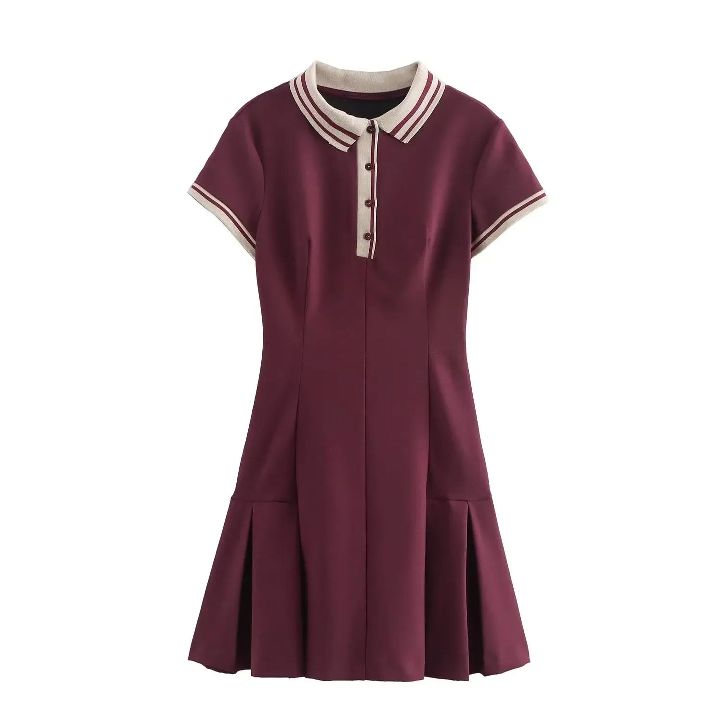 Women's new fashion wide pleated hem slim contrasting ribbed mini dress retro short sleeved button up women's dress Mujer