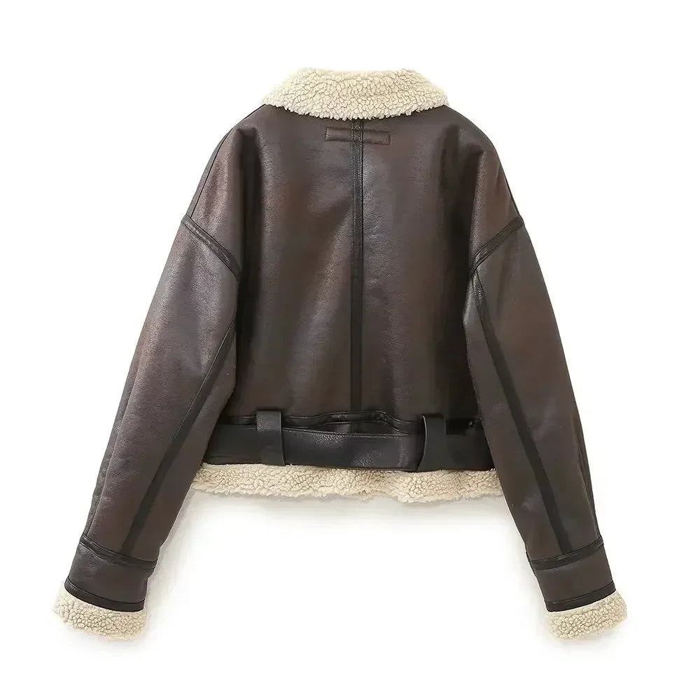 Women's new fashion with belt short double-sided long sleeved Fur Faux Leather jacket retro zipper pocket women's coat chic top