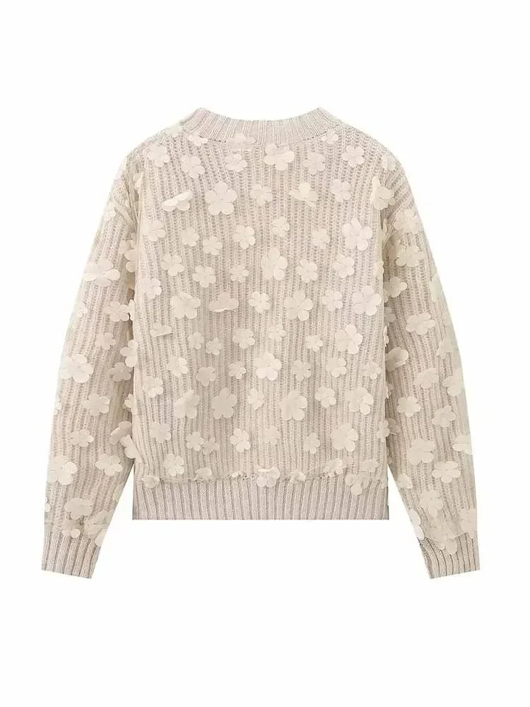 Women's New Fashion Flower Decoration Casual Short Splicing O Neck Knitted Sweater Retro Long Sleeve Women's Pullover Chic Top