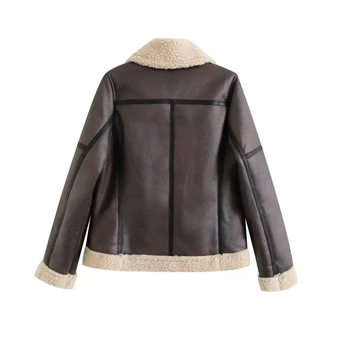 Women's New Fashion With Belt Casual Side Pocket Fur Faux Leather Jacket Coat Retro Long Sleeve Zipper Women's Coat Chic Top