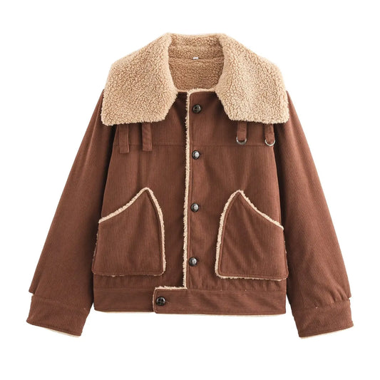 Women's new Fashion pocket decoration loose single breasted warm corduroy jacket coat retro long sleeved women's coat chic top