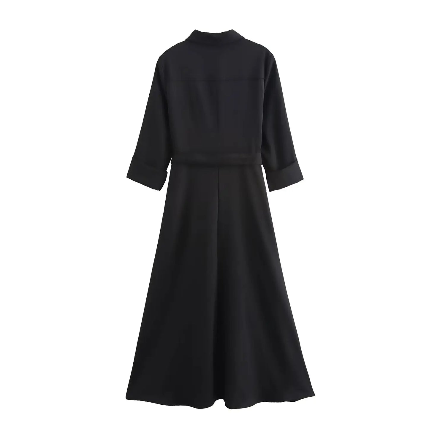 Women's new Fashion belt decoration black casual single breasted shirt style MIDI dress retro long sleeved pocket women's dress