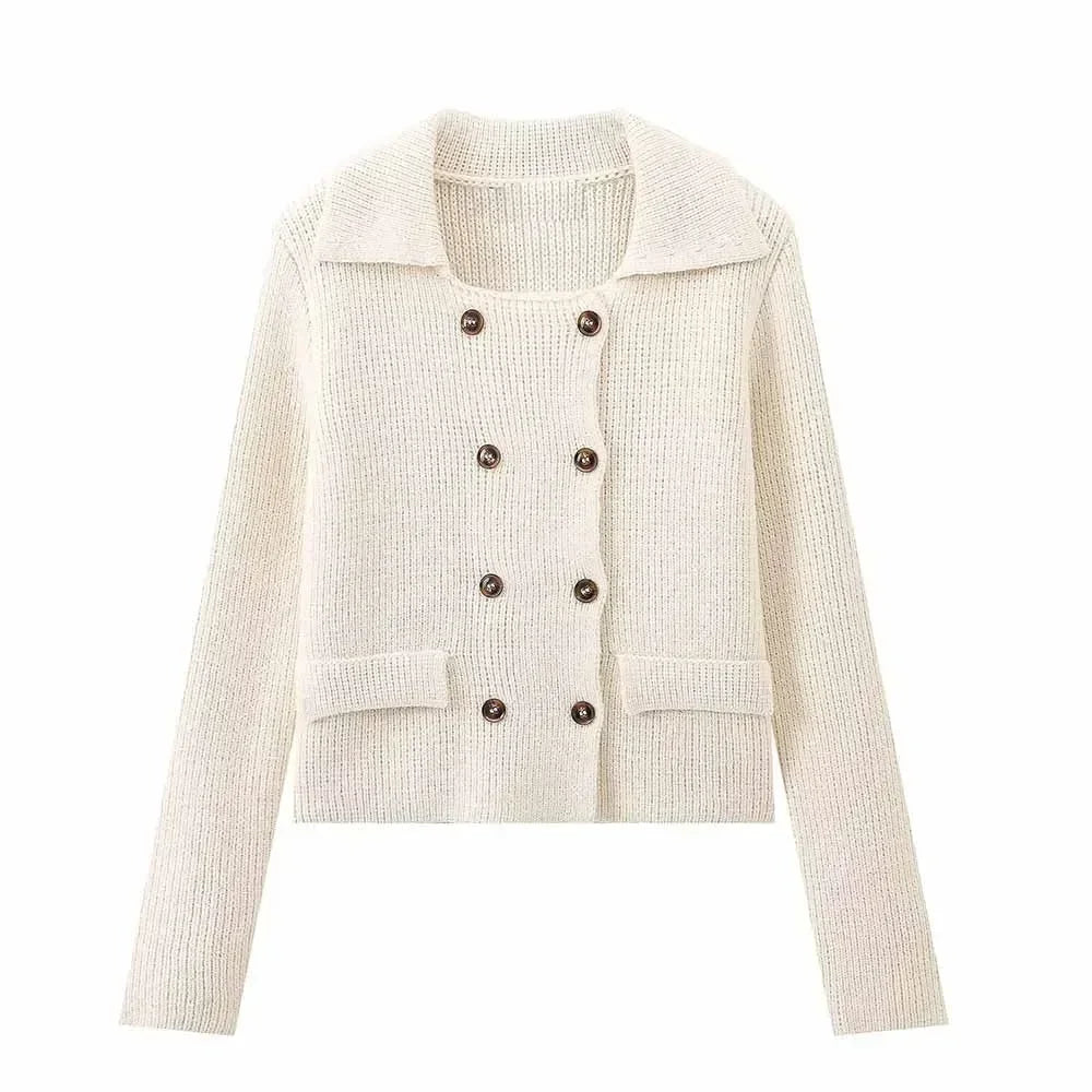 Women's New Fashion Flip Decoration Casual Short Double breasted Lapel Knitted Coat Retro Long Sleeve Women's Coat Chic Top