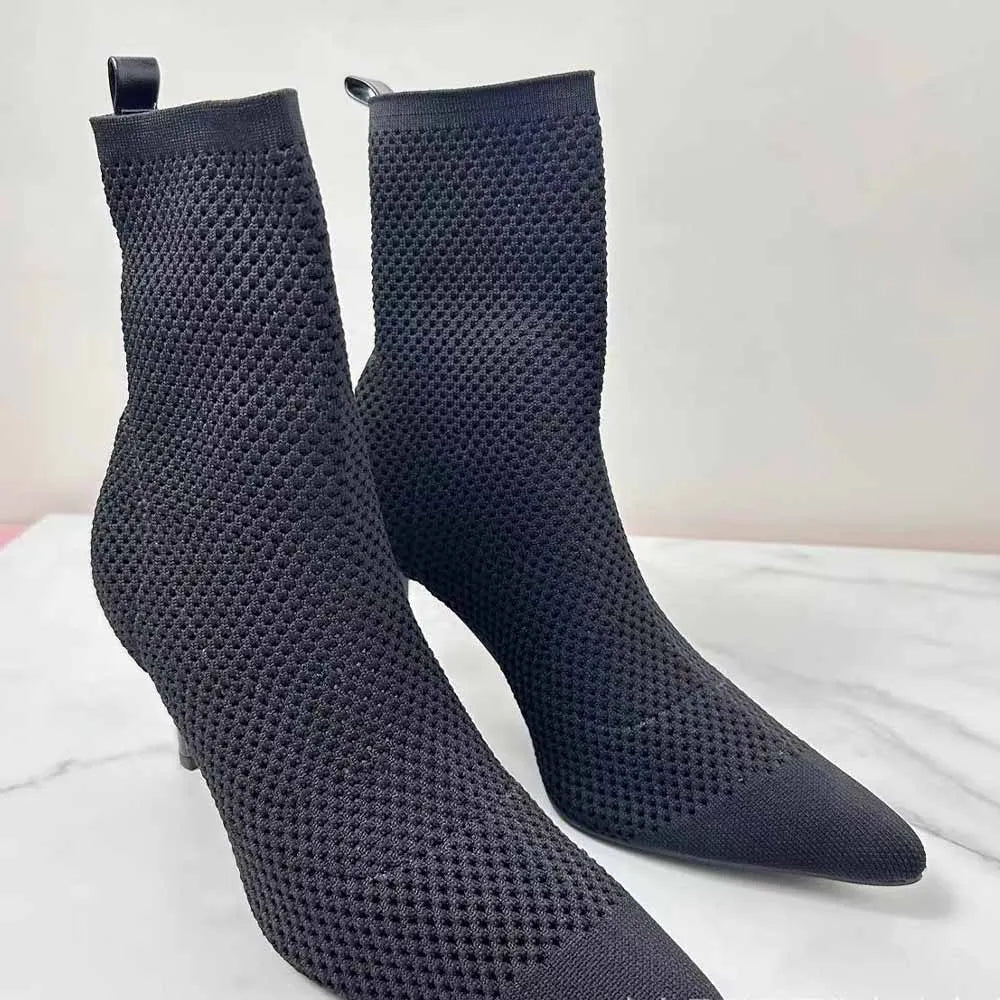 New 2024 Women's Shoes Pointy Joker Elegant Knitted Fabric Breathable Hollow Stiletto Short Women's Boots.