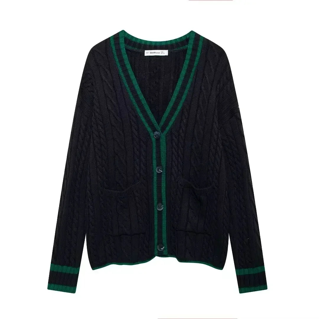 Women's new fashion pocket decoration loose V Neck striped knitted cardigan retro Long Sleeve Button up women's coat chic top