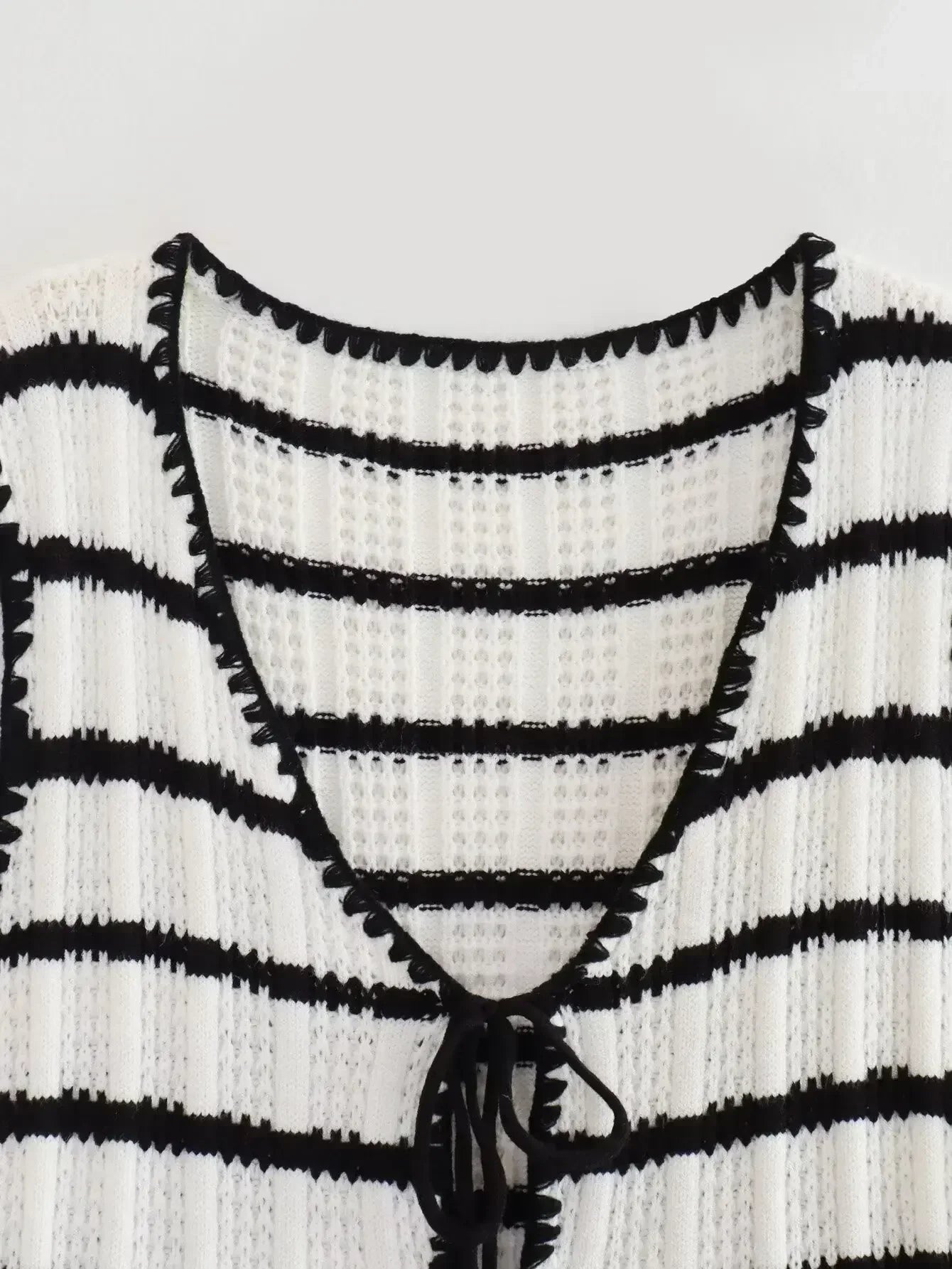 Women's 2024 new fashion slim short V Neck Crochet knitting striped vest top retro sleeveless lace up women's vest chic top