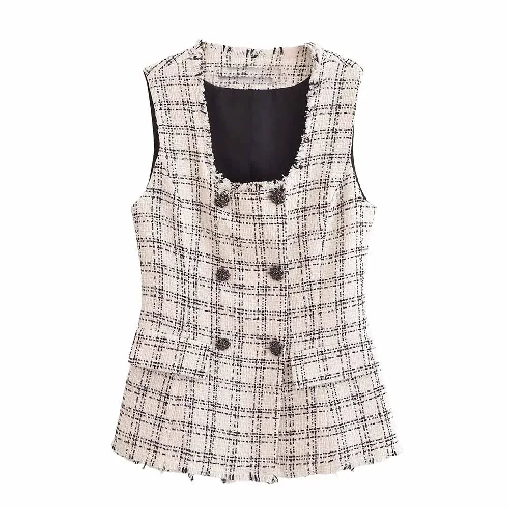 Women's new fashion flap decoration slim double breasted checkered vest coat retro square neck sleeveless women's vest chic top