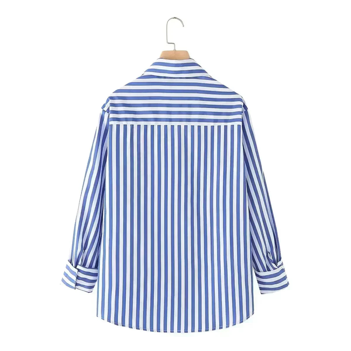 Women's 2024 New Fashion Loose Basic Style Striped Poplin Women's Shirt Retro Long sleeved Button up Women's Shirt Top