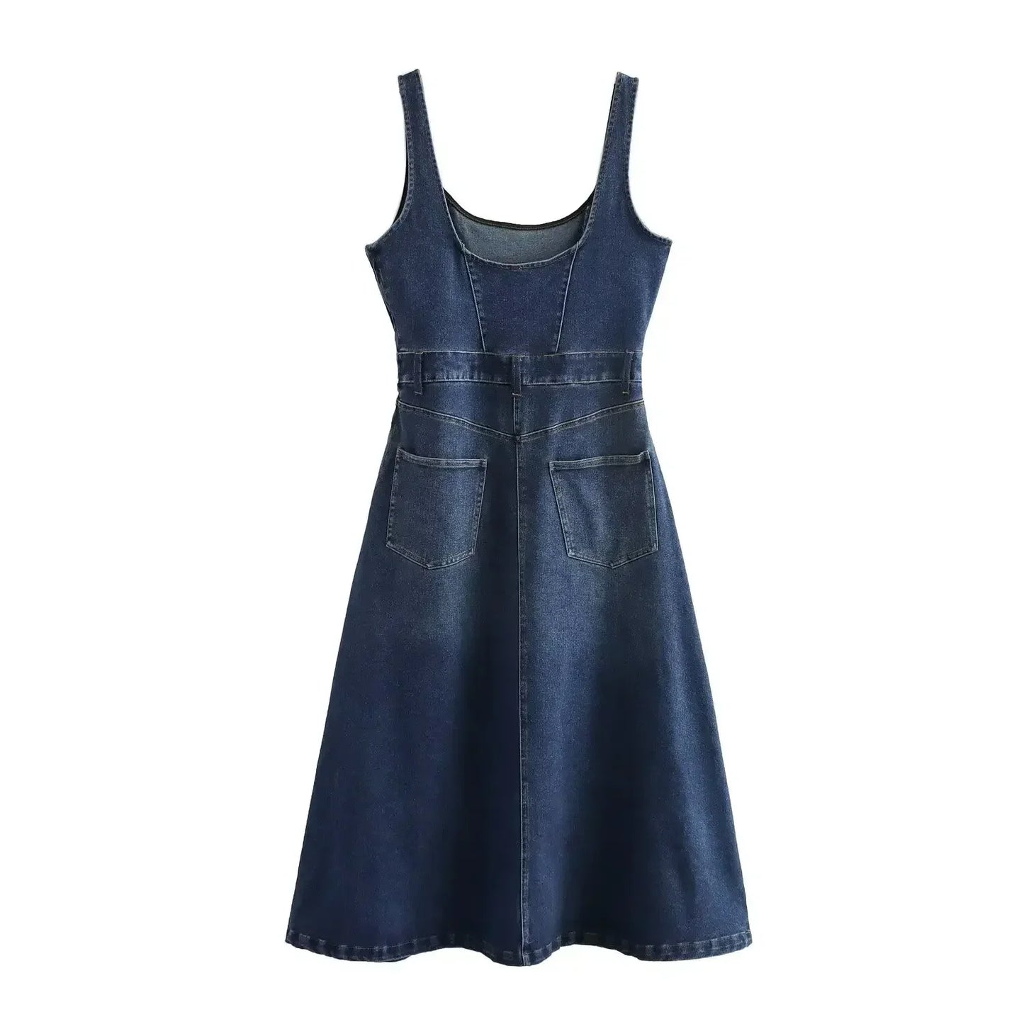 Women's new fashion side pocket decoration casual O Neck denim Midi dress retro sleeveless Wide Straps women's dress Mujer