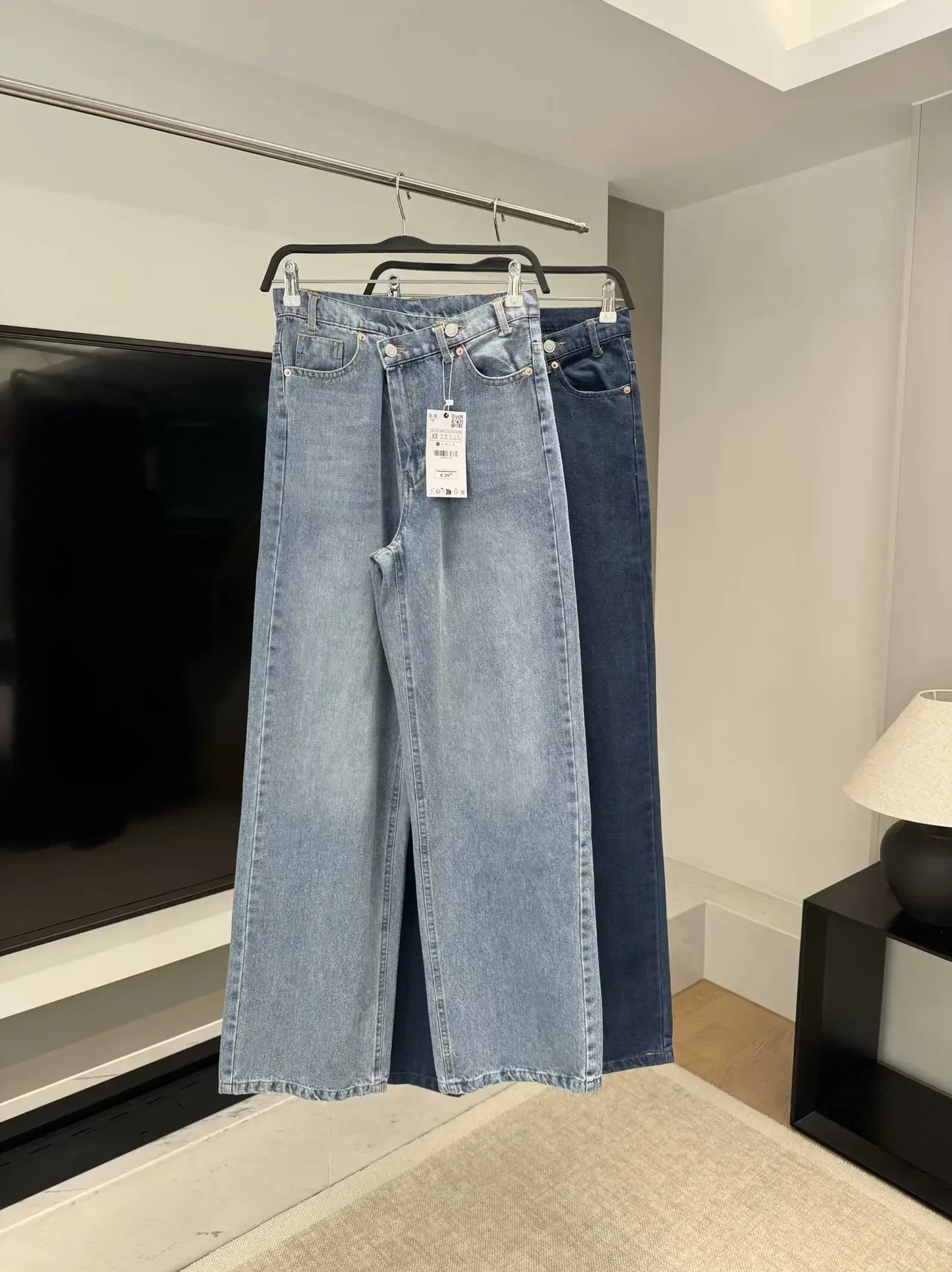 Women's new fashion asymmetrical waist design loose high waisted denim wide leg pants retro side pocket Female denim pants Mujer