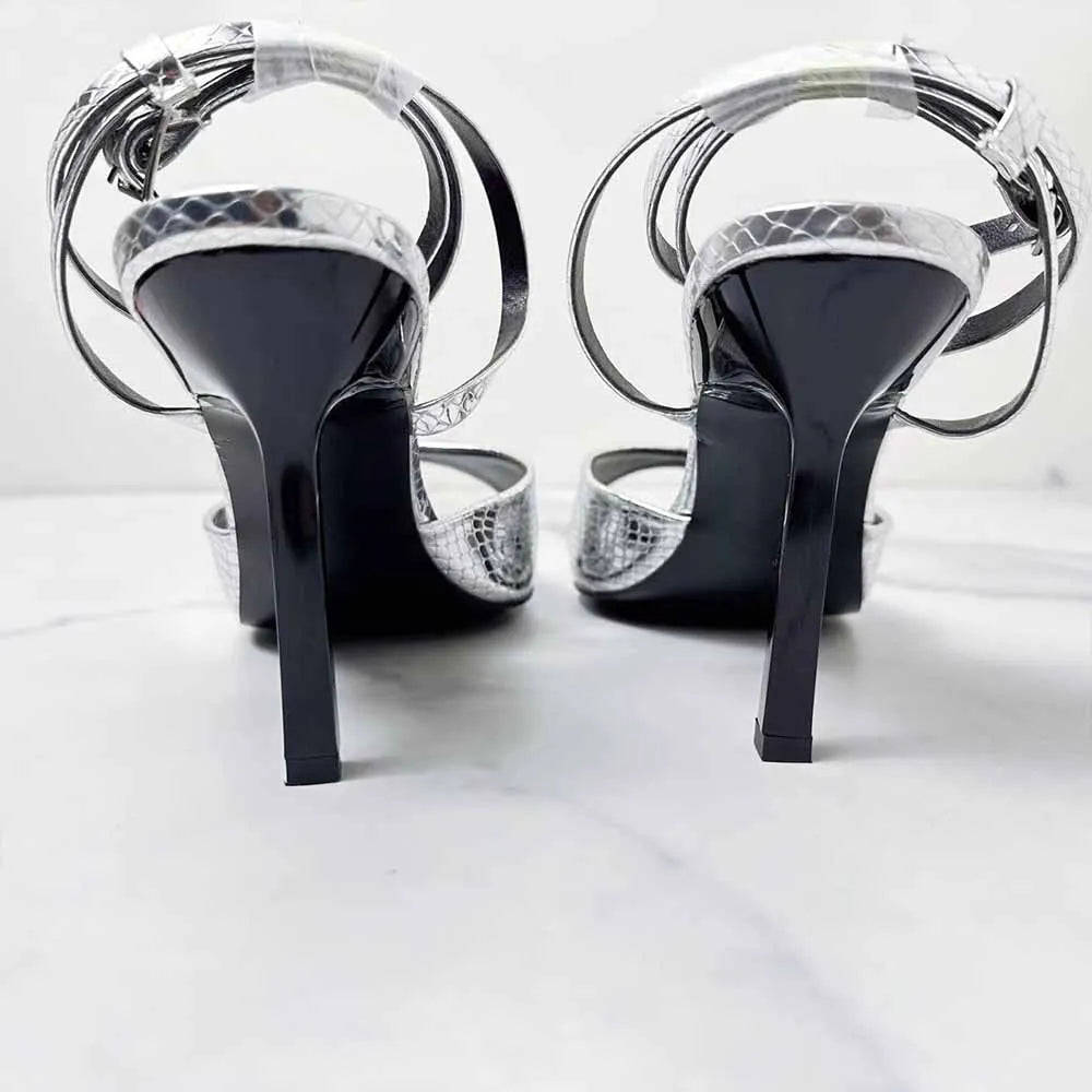 New 2024 Women's Shoes Fashion Temperament Silver Crack Ankle Strap Thin Round Head High-heeled Sandals Women.