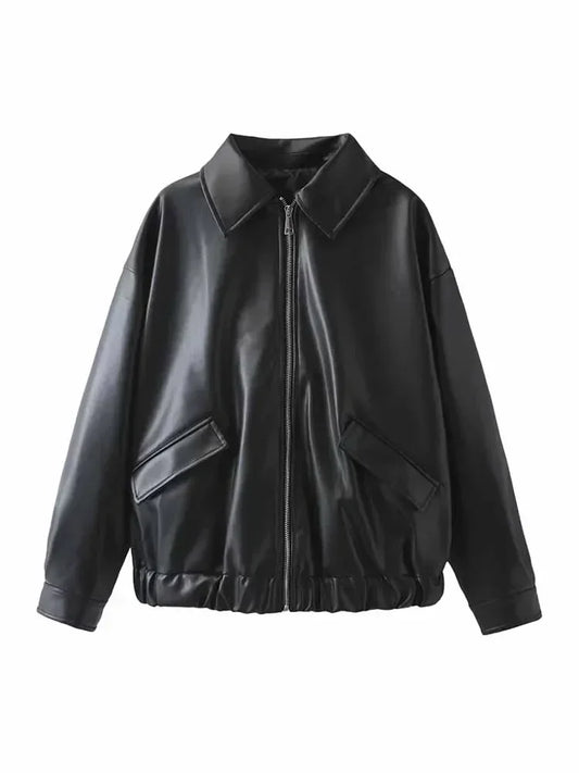 Women's new fashion flap pocket decoration casual black Lapel Faux Leather jacket coat retro long sleeved women's coat chic top