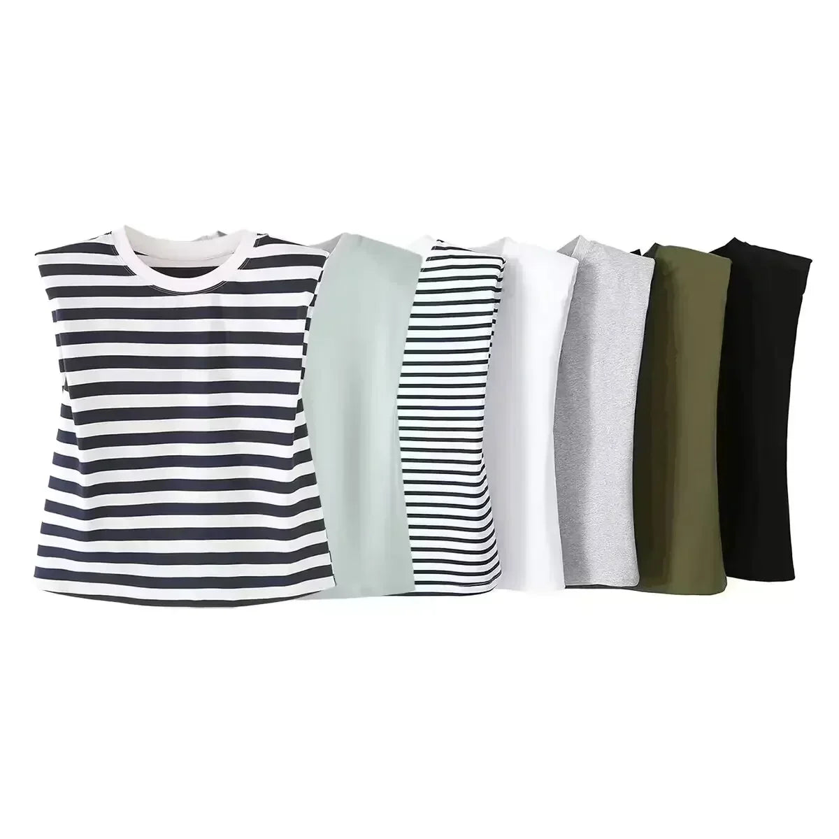 Women's New Fashion Shoulder Cushion Design Loose O Neck Casual Stripe T-shirt Top Retro Sleeveless Women's T-shirt