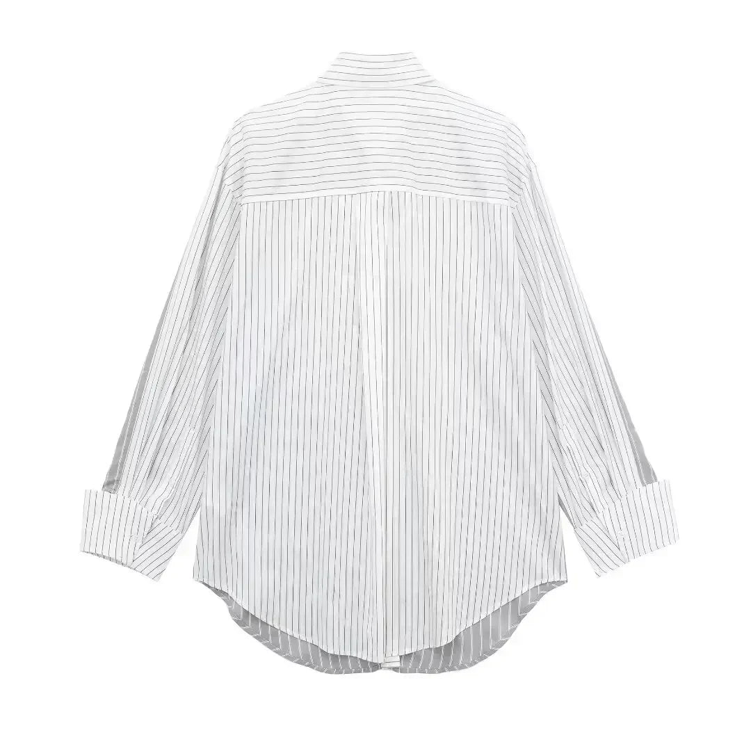 Women New Fashion With pockets Stripe splicing Loose Asymmetric Blouses Vintage Long Sleeve Button-up Female Shirts Chic Tops