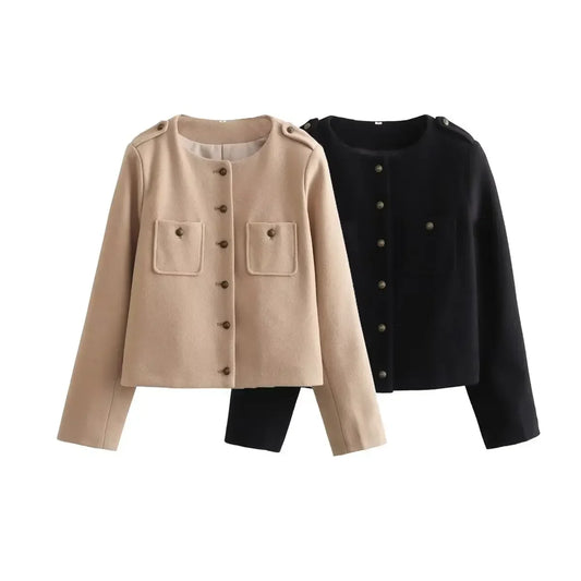 Women's new Fashion pocket decoration casual soft texture O-Neck jacket Coat retro long sleeved button-up women's Coat chic top