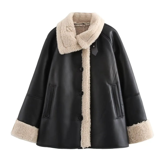 Women's Winter Fashion Fur Faux Leather Effect Loose Warm Double sided Jacket Coat Retro Long Sleeve Pocket Female Coat Chic Top