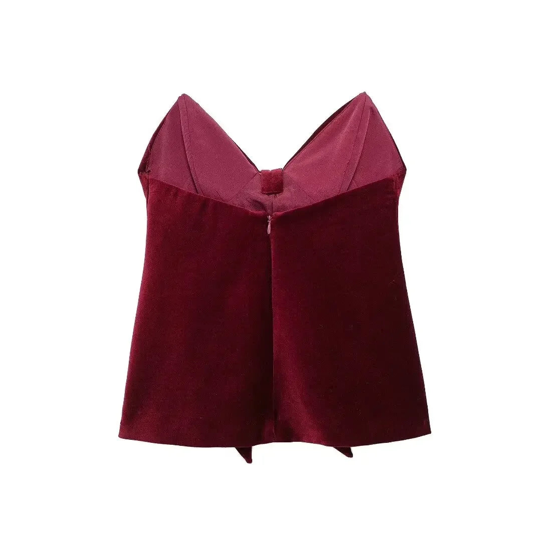 Women's new fashion bow decoration slim pleated velvet strapless top retro sleeveless backless women's vest chic top