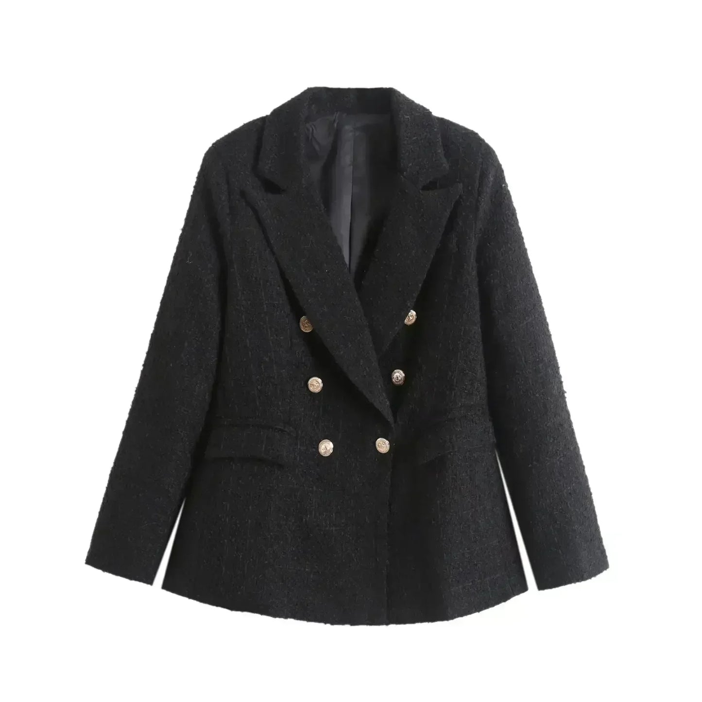 Women 2024 New Fashion Double Breasted Tweed Check Blazer Coat Vintage Long Sleeve Pockets Female Outerwear Chic