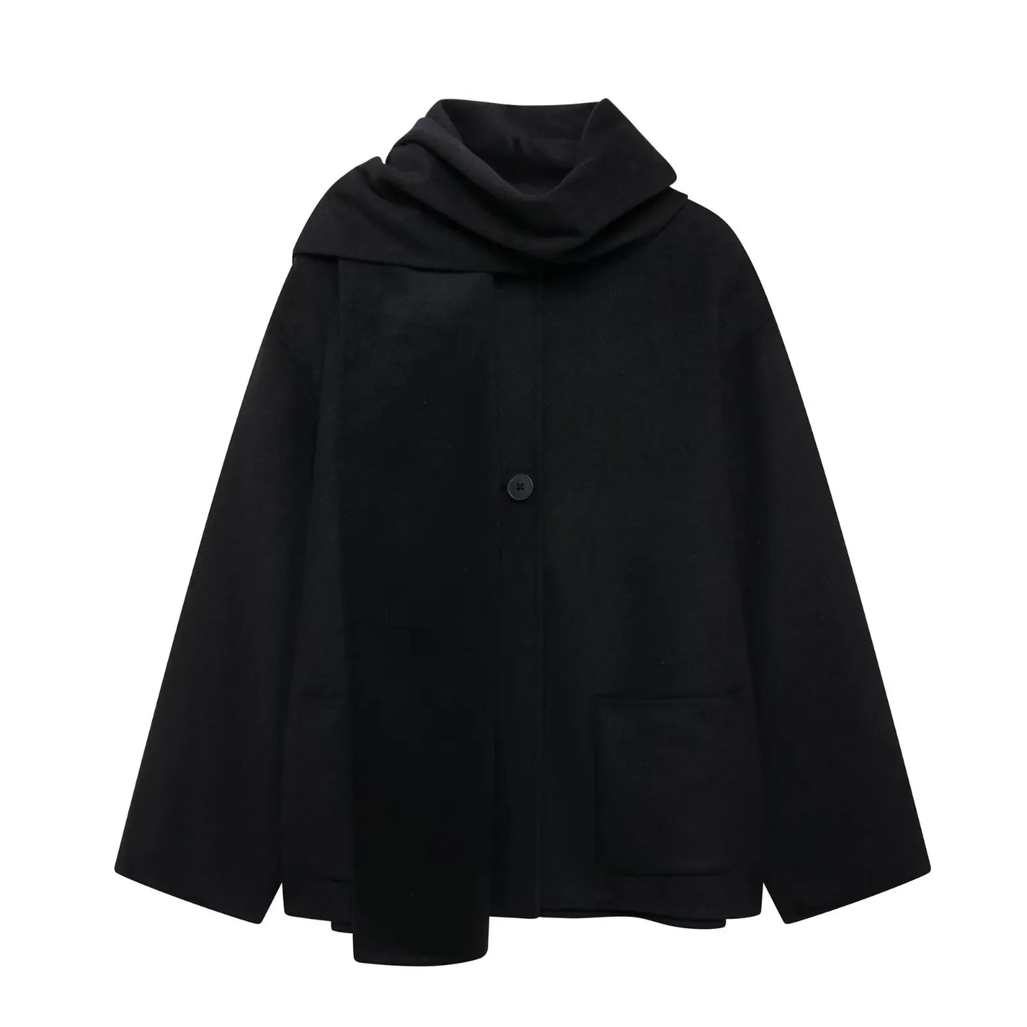 Women's winter Fashion scarf decoration loose short single breasted woolen coat retro long sleeved pocket women's coat chic top