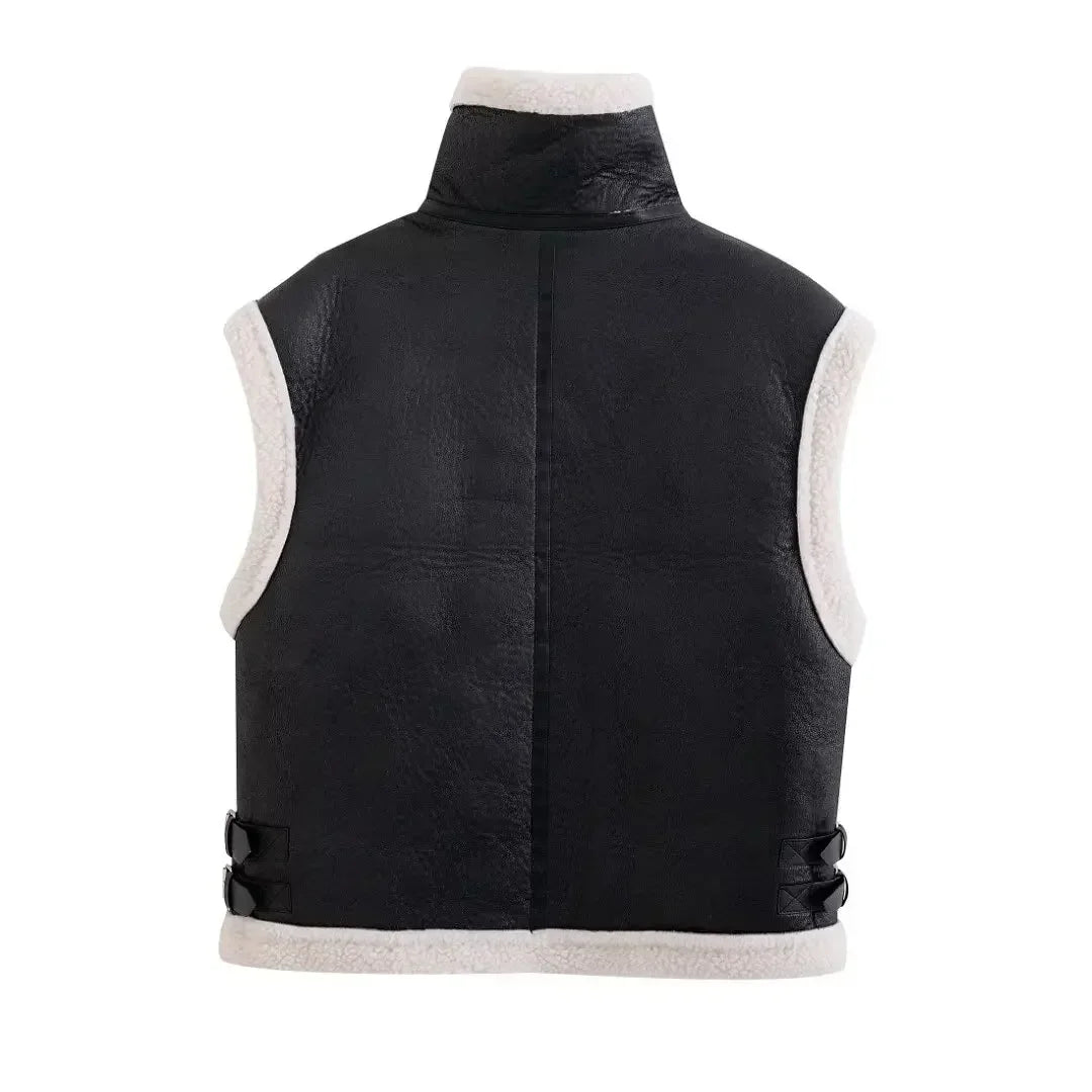 Women's new fashion side pocket decoration casual stand Neck Fur Faux Leather vest retro sleeveless zipper women's vest chic top