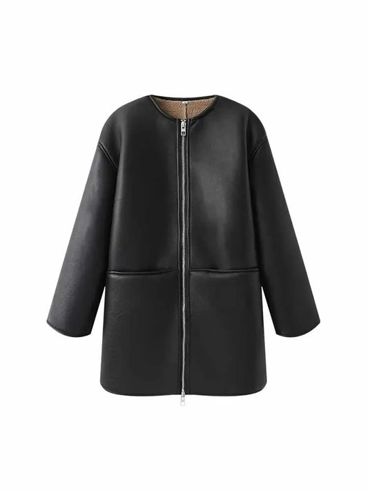 Women's new fashion loose side pocket long style Fur Faux Leather jacket coat retro O Neck long sleeved women's coat chic top