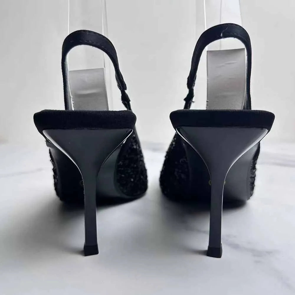 New 2024 Women's Shoes Fashion Temperament Black Beaded Dew With High Heels Pointed Fashion Joker Sandals.