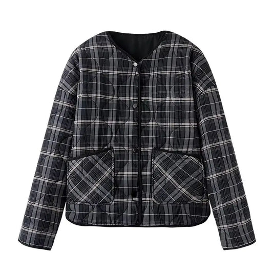 Women's Winter fashion loose single breasted casual versatile plaid cotton coat retro long sleeved pocket women's coat chic top