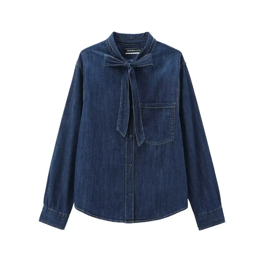 Women's new fashion bow decoration loose single breasted casual denim shirt retro long sleeved pocket women's shirt  top