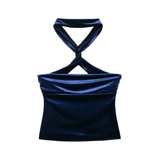 Women's new fashion pleated decoration slim short hanging neck velvet top retro sleeveless backless women's vest chic top