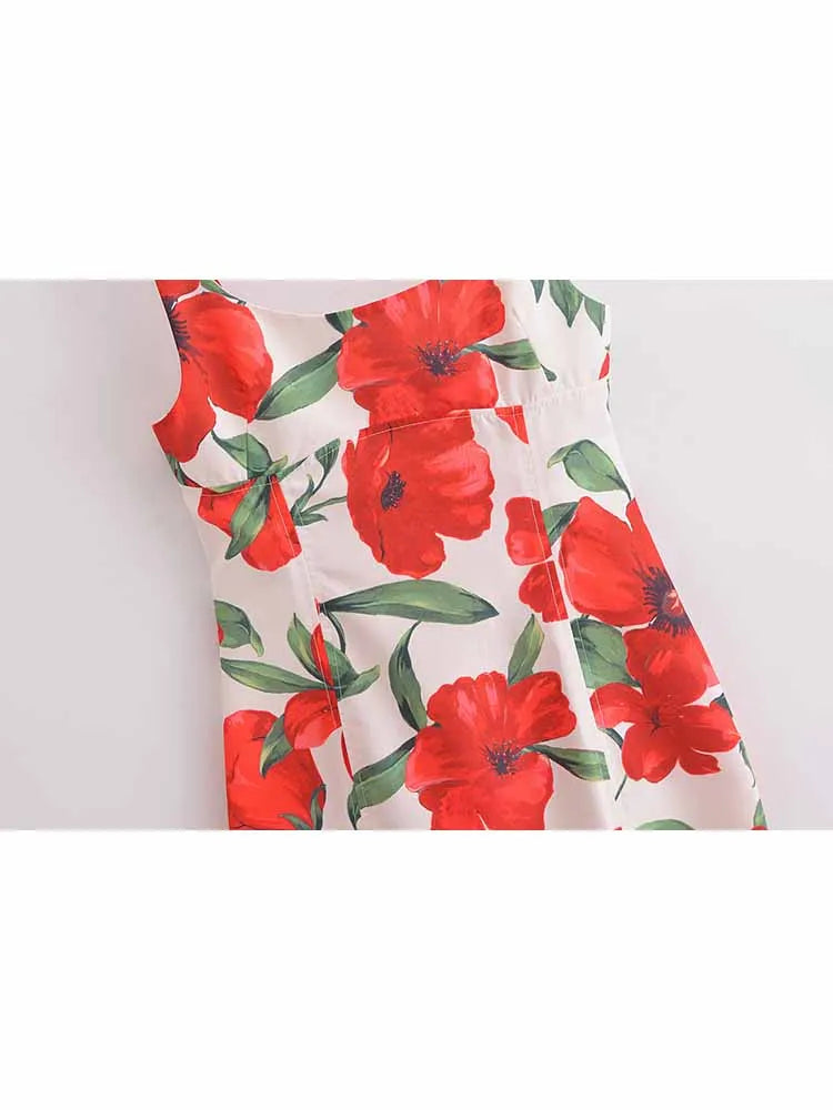 Women's new fashion floral print decoration sexy slim Backless MIDI dress retro sleeveless wide shoulder strap women's dress