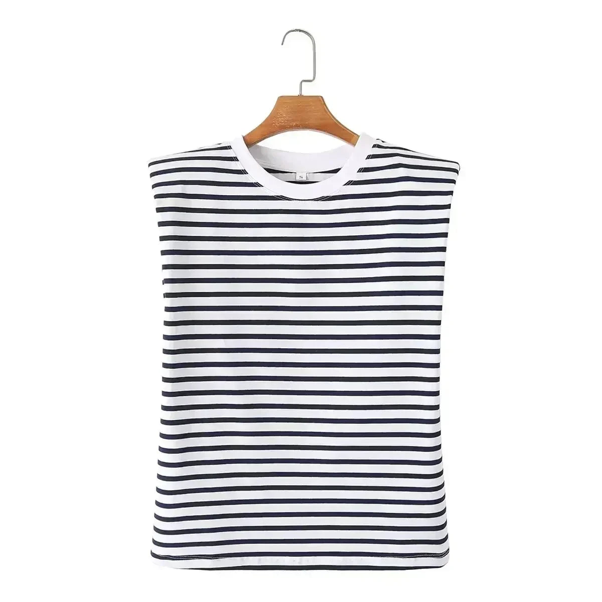 Women's New Fashion Shoulder Cushion Design Loose O Neck Casual Stripe T-shirt Top Retro Sleeveless Women's T-shirt